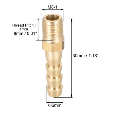 Harfington Uxcell Brass Fitting Connector Metric M8-1 Male to Barb Fit Hose ID 6mm 2pcs