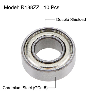 Harfington Uxcell R188ZZ Deep Groove Ball Bearings Z2 1/4x1/2x3/16 inch Double Shielded Chrome Steel 10pcs