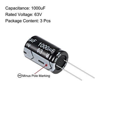 Harfington Uxcell 1000uF 63V Capacitor, Aluminum Electrolytic Capacitors 105C High Temp 3pcs