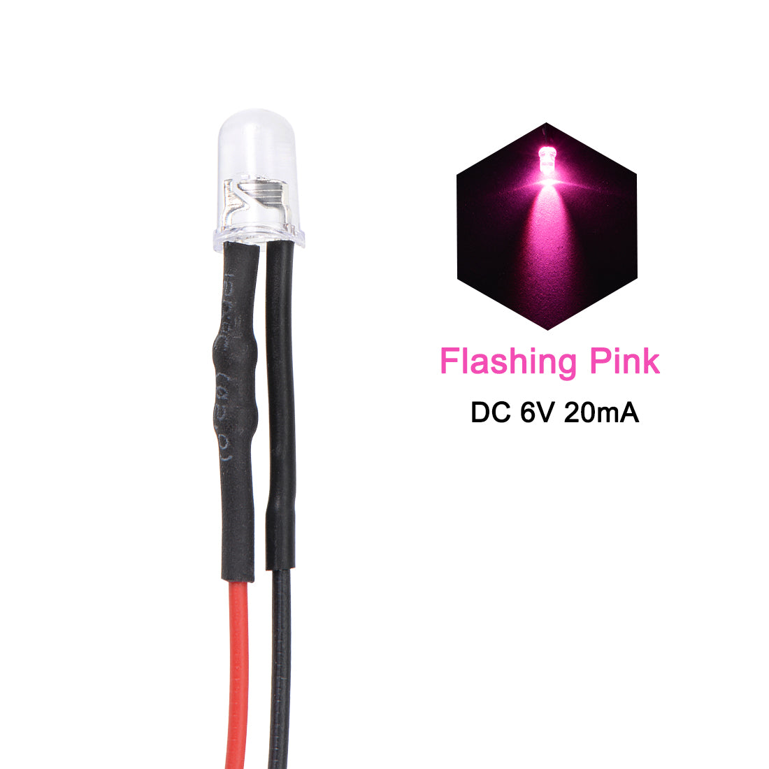 uxcell Uxcell 5Pcs DC 6V 5mm Pre Wired LED, Flashing Pink Light Round Top Clear Lens, Light Emitting Diodes with Edge