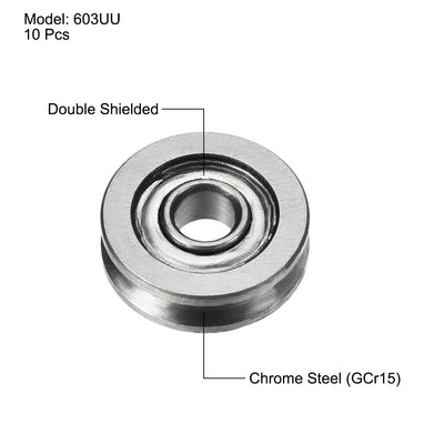 Harfington Uxcell 603 U Groove Ball Track Guide Bearing 3x10x3mm Double Metal Shielded (GCr15) Chrome Steel Bearing 10pcs