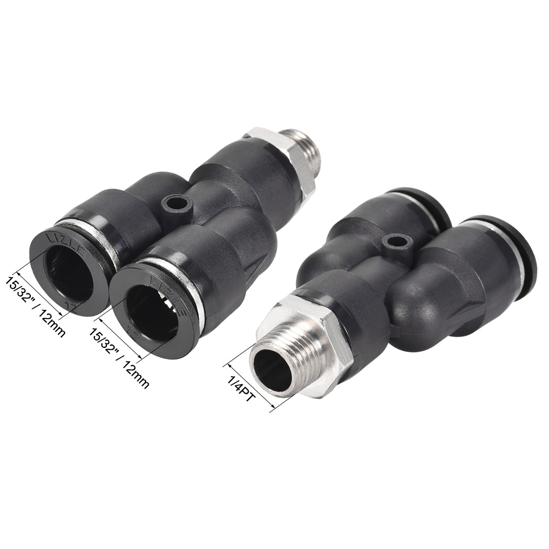 uxcell Uxcell Push To Connect Air Fittings Y Type Tube Connect 12mm OD x 1/4PT Male Thread Tube Fittings Push Lock Black 2Pcs