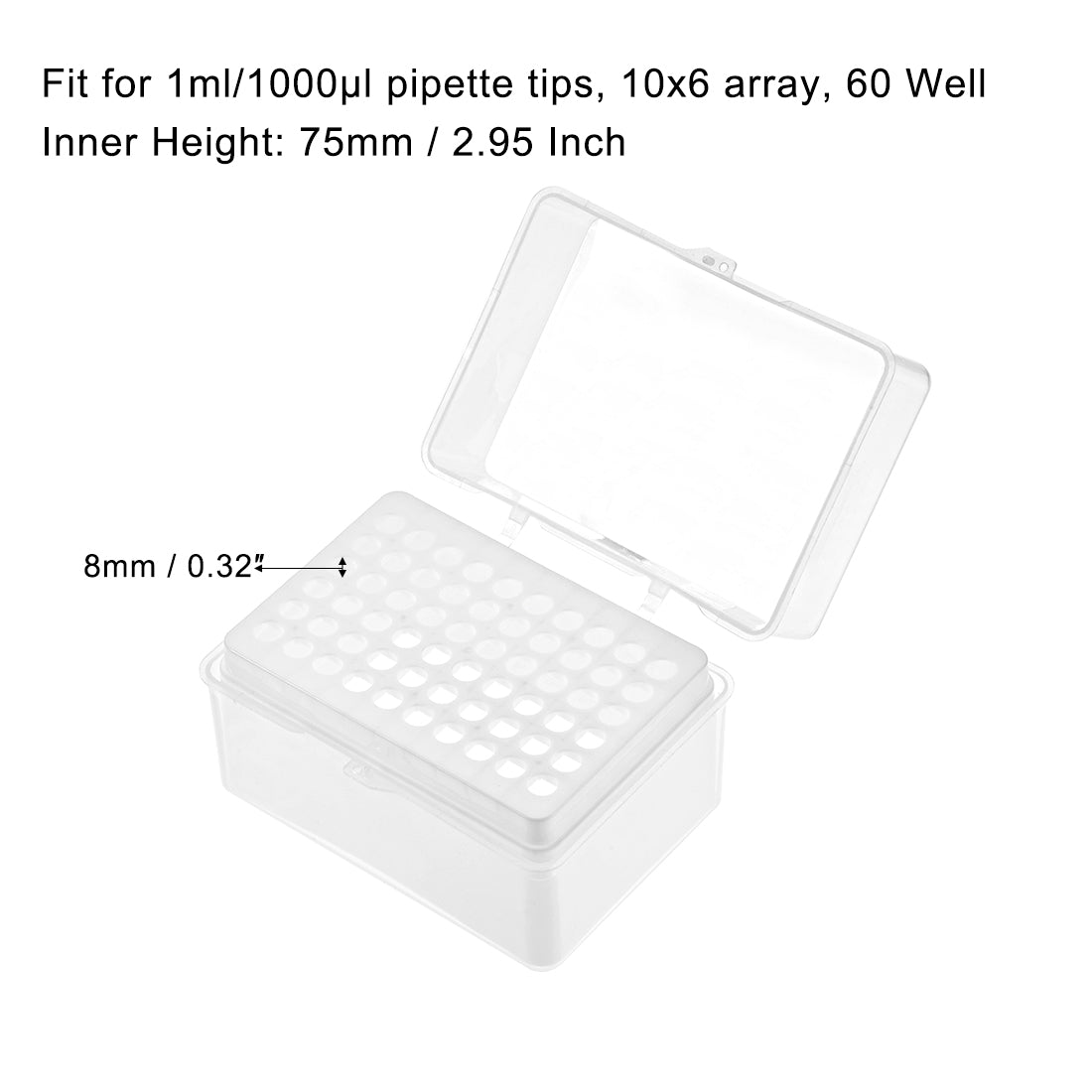 uxcell Uxcell Pipette Tips Box 60-Well Polypropylene Tip Holder Container for 1ml/1000ul Pipettor 8mm Hole Diameter 2Pcs