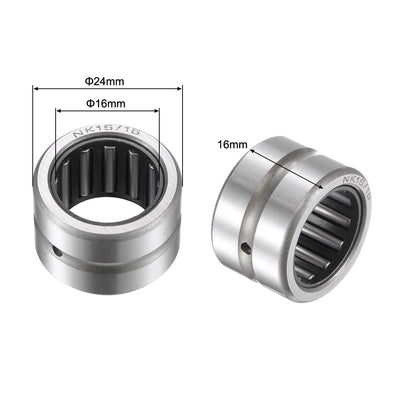 Harfington Uxcell NK16/16 Needle Roller Bearings 16mm x 24mm x 16mm Chrome Steel Open End 2pcs