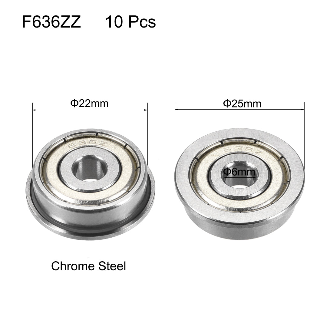 uxcell Uxcell F636ZZ Flange Ball Bearing 6x22x7mm Double Shielded Chrome Steel Bearings 10pcs