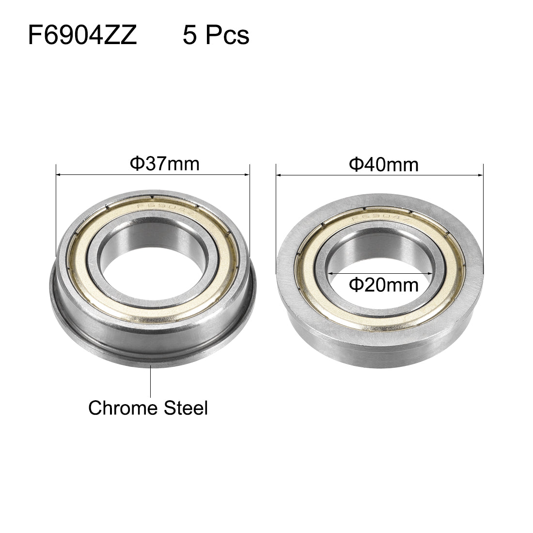 uxcell Uxcell F6904ZZ Flange Ball Bearing 20x37x9mm Double Shielded Chrome Steel Bearings 5pcs