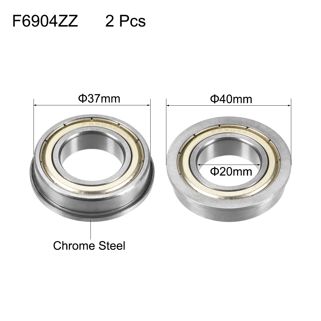 uxcell Uxcell F6904ZZ Flange Ball Bearing 20x37x9mm Double Shielded Chrome Steel Bearings 2pcs