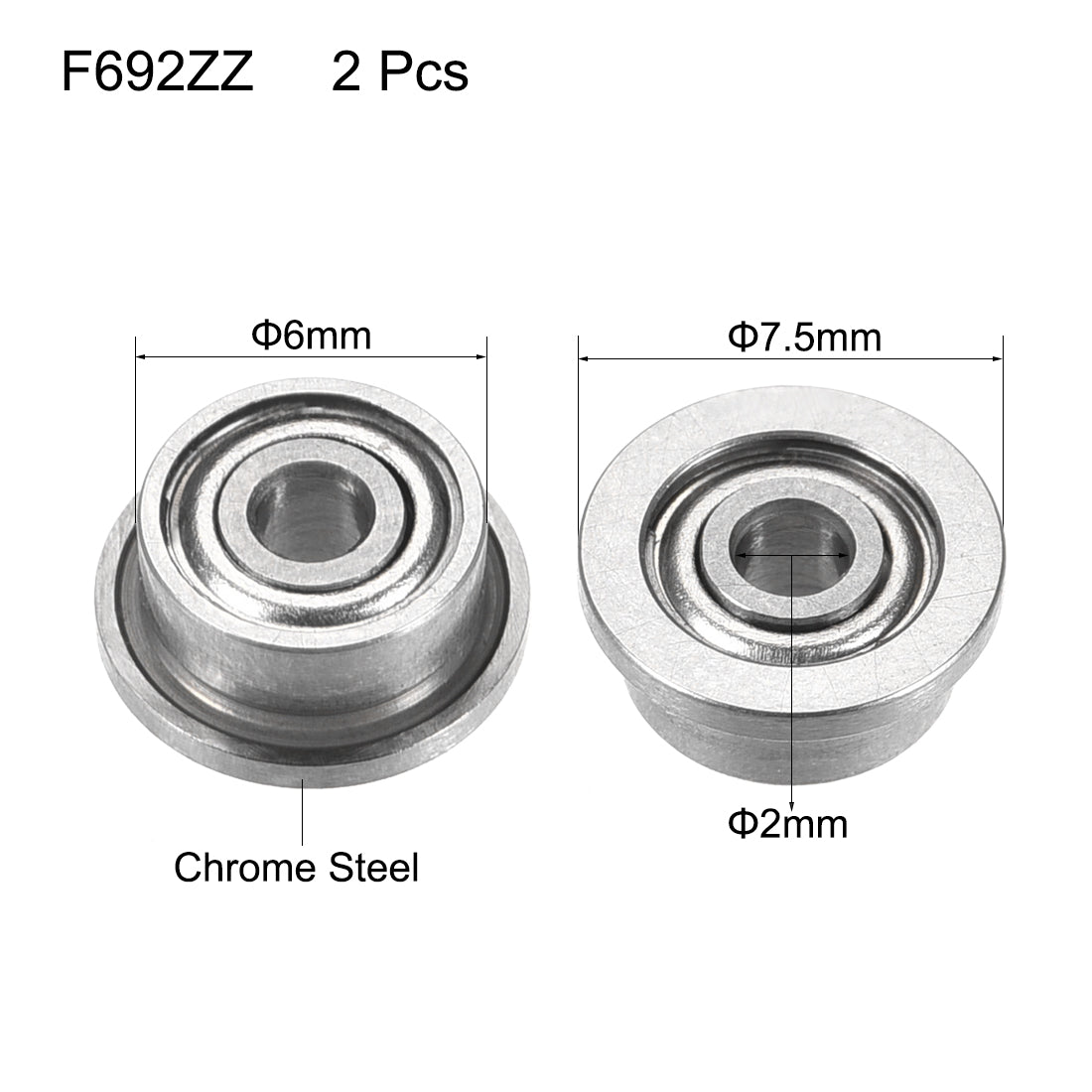 uxcell Uxcell F692ZZ Flange Ball Bearing 2x6x3mm Double Shielded Chrome Steel Bearings 2pcs