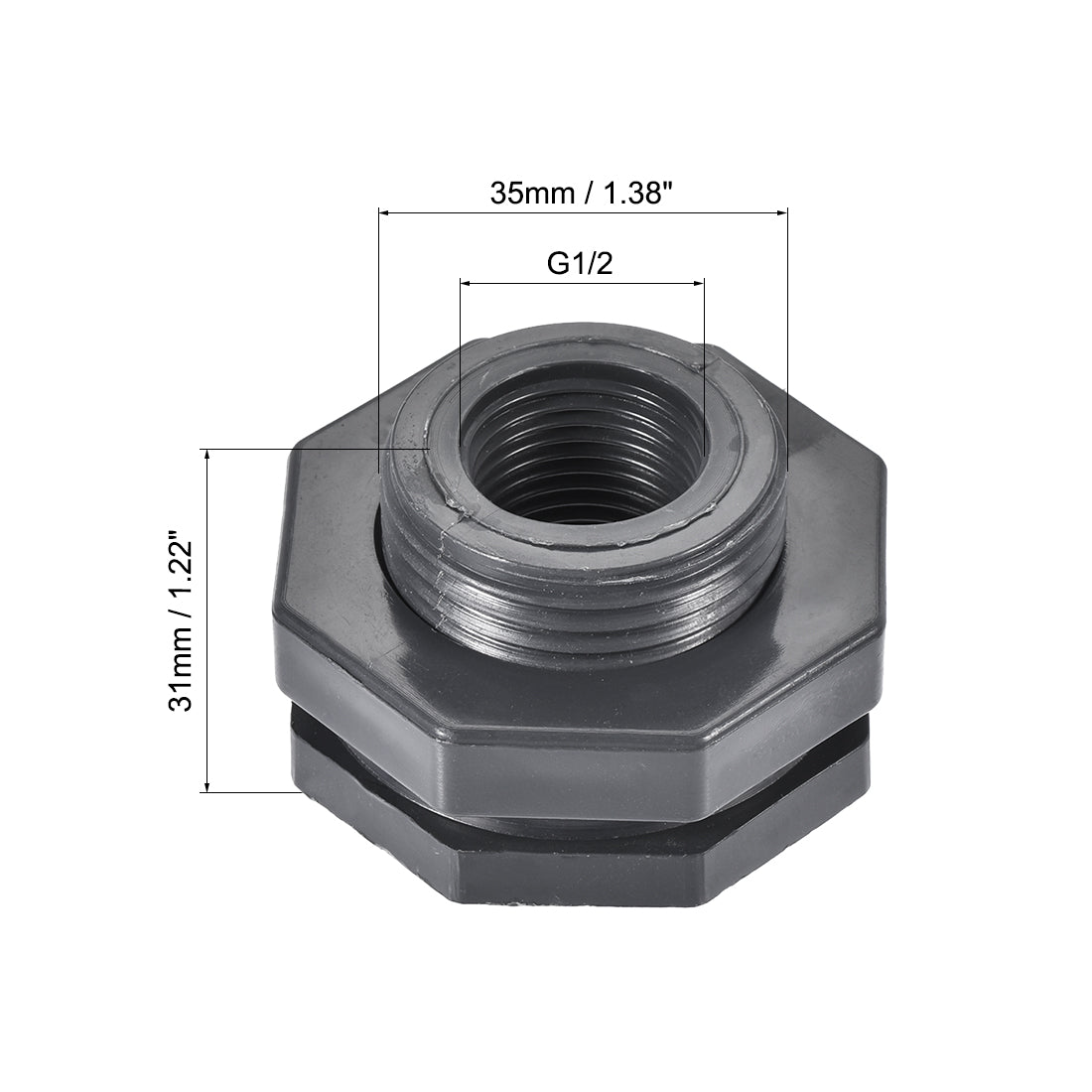 uxcell Uxcell Bulkhead Fitting, G1/2 Female 1.38" Male, Tube Adaptor Pipe Fitting with Silicone Gasket, for Water Tanks, PVC, Gray