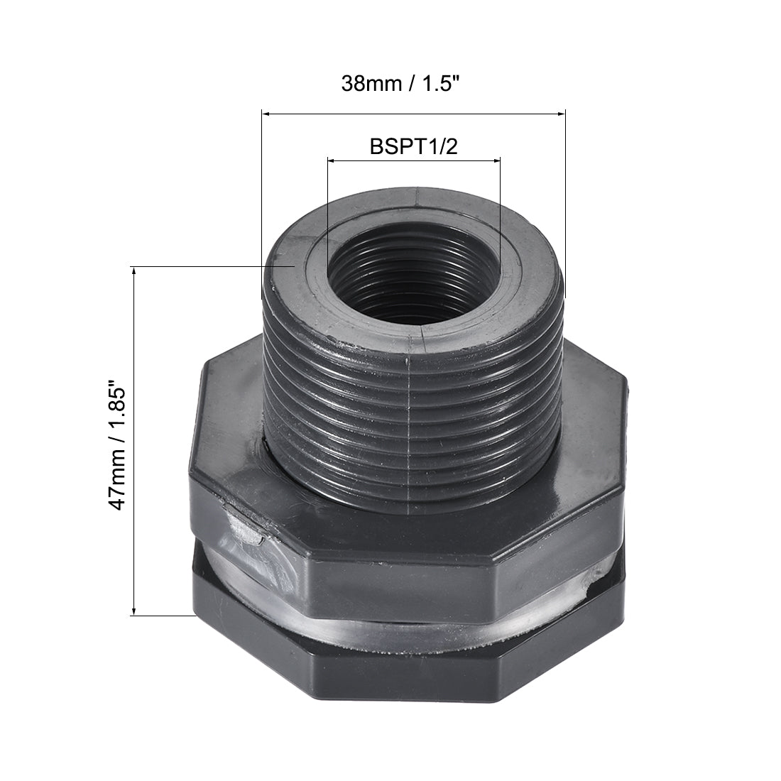 uxcell Uxcell Bulkhead Fitting, G1/2 Female 1.5" Male, Tube Adaptor Pipe Fitting with Silicone Gasket, for Water Tanks, PVC, Gray Pack of 2