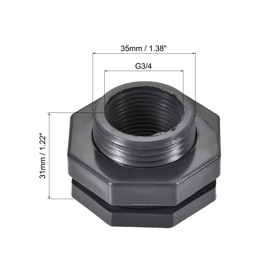 uxcell Uxcell Bulkhead Fitting, G3/4 Female 1.38" Male, Tube Adaptor Pipe Fitting with Silicone Gasket, for Water Tanks, PVC, Gray