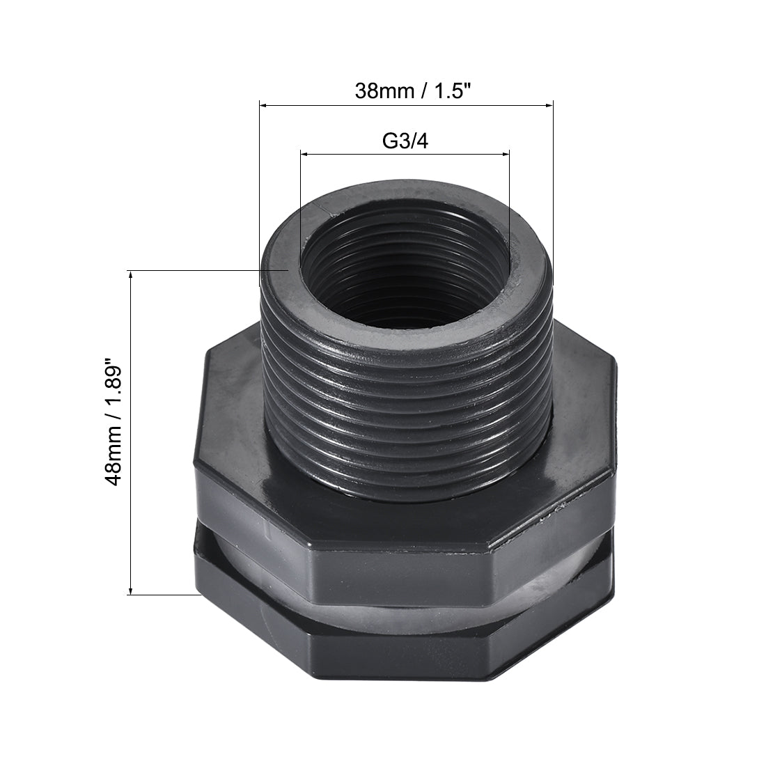 uxcell Uxcell Bulkhead Fitting, G3/4 Female 1.5" Male, Tube Adaptor Pipe Fitting with Silicone Gasket, for Water Tanks, PVC, Gray