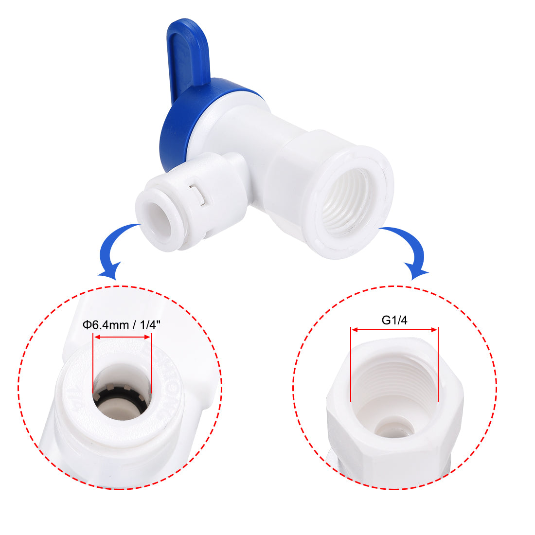 uxcell Uxcell Elbow Ball Valve Quick Connect Fitting, 1/4" Tube Outer Diameter, G1/4 Female Thread, for Water Purifiers, Blue and White 2Pcs