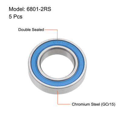 Harfington Uxcell 6801-2RS Ball Bearings 12x21x5mm Double Sealed Chrome Steel Blue Cover P6 5pcs