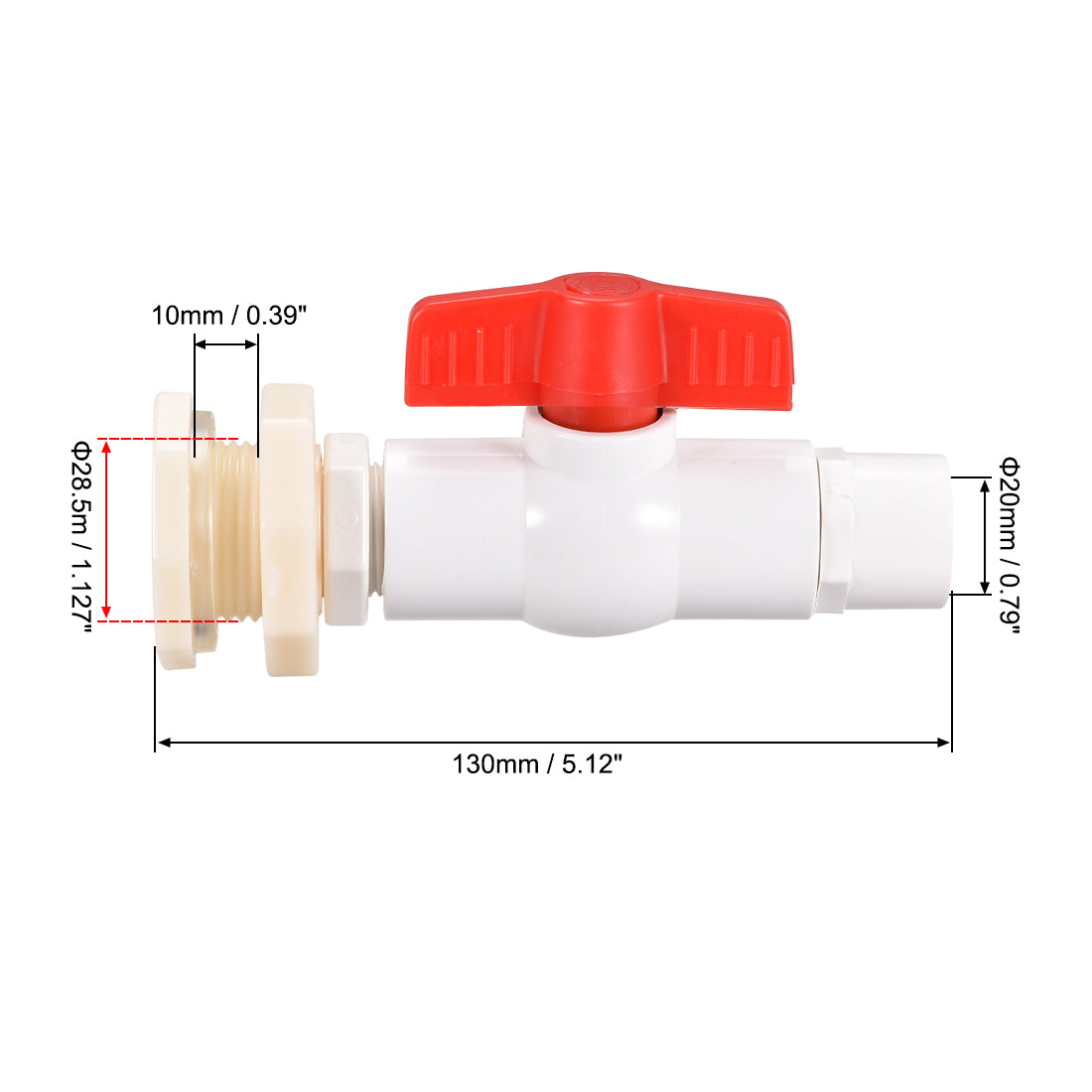 Uxcell Uxcell PVC Ball Valve Connector Spigot Kit G3/4, with Bulkhead, White Red 2Pcs