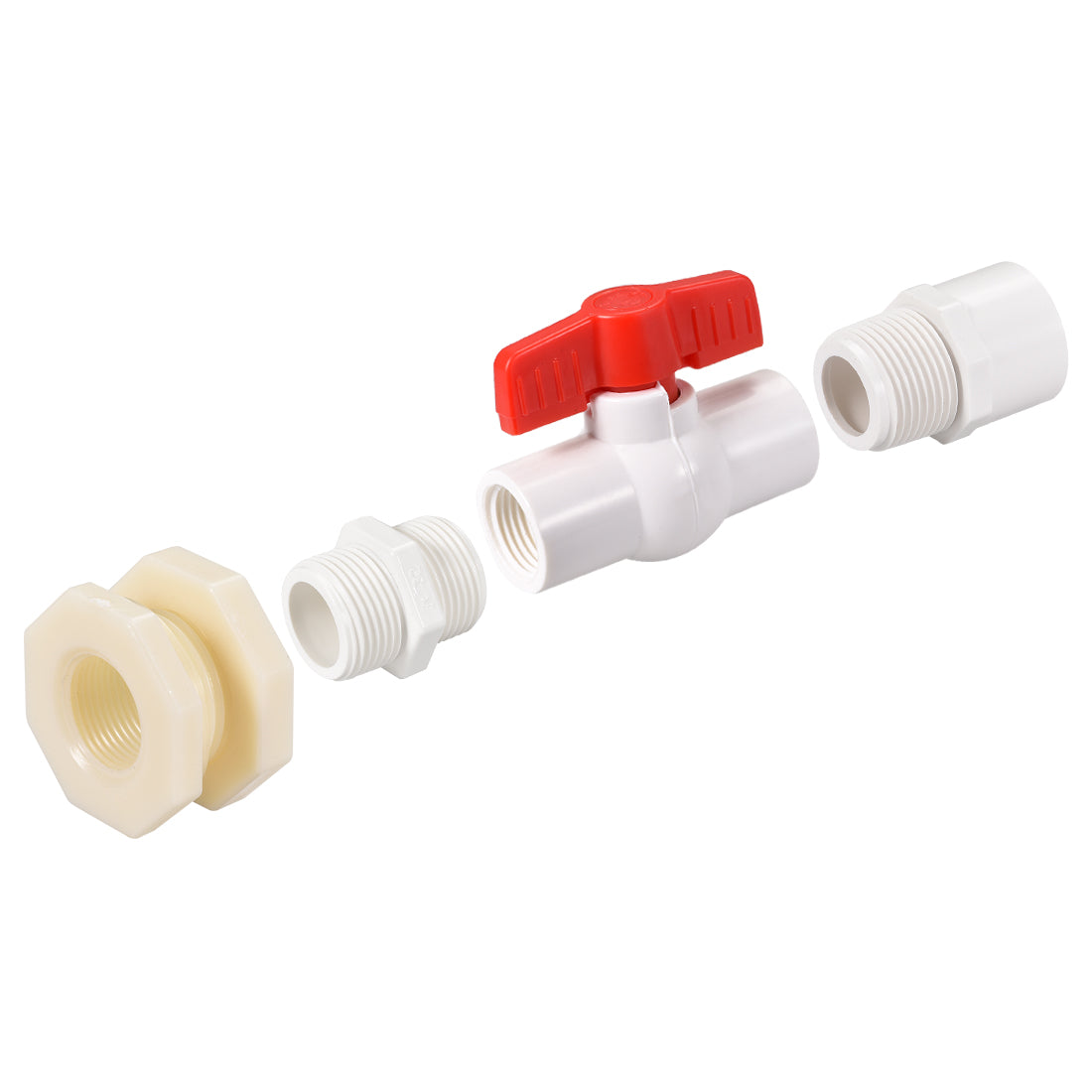 Uxcell Uxcell PVC Ball Valve Connector Spigot Kit G3/4, with Bulkhead, White Red 2Pcs