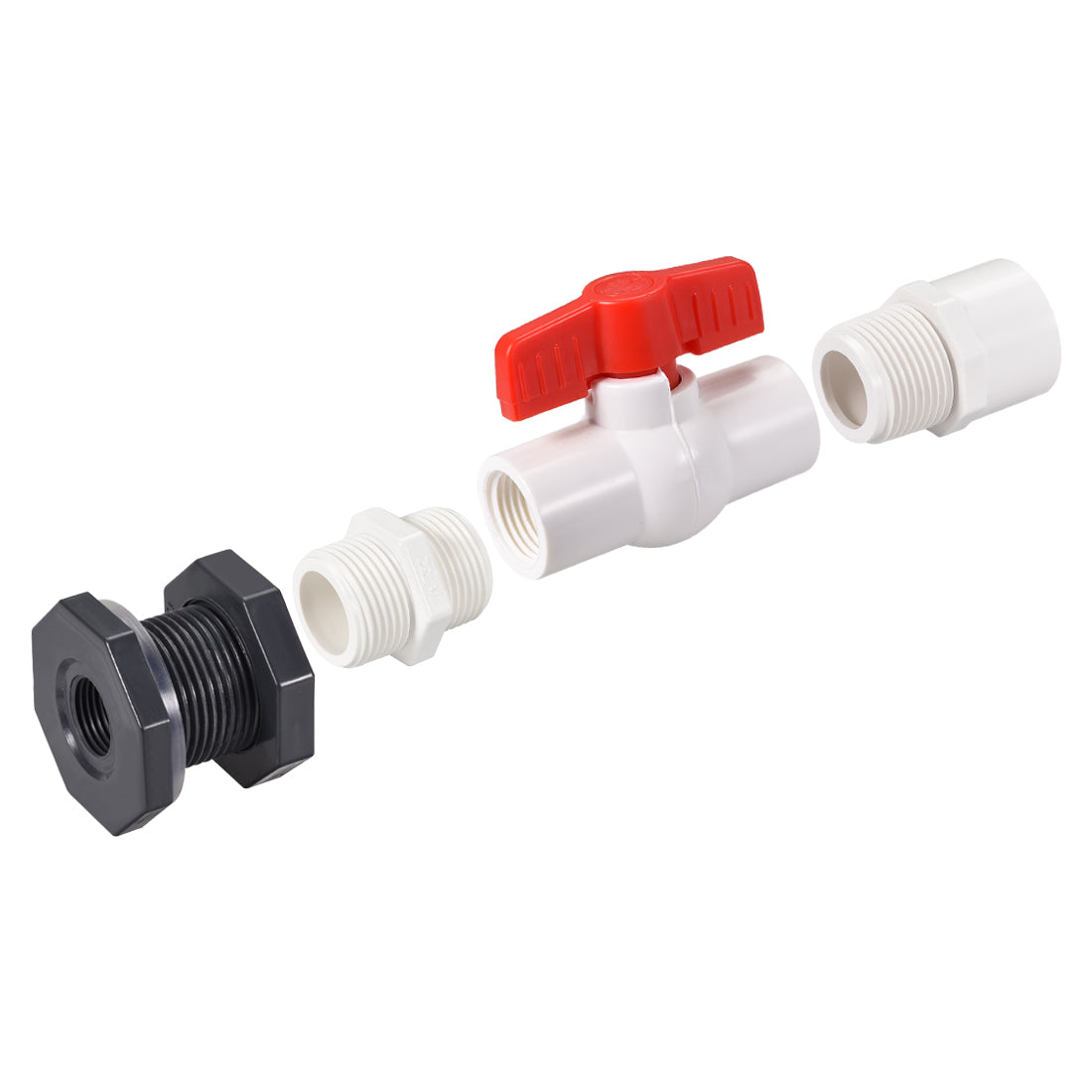 Uxcell Uxcell PVC Ball Valve Connector Spigot Kit G1 Lengthen, with Bulkhead, Grey White Red