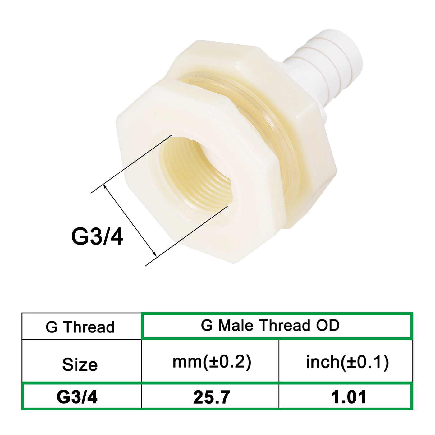 uxcell Uxcell Bulkhead Fitting Adapter 16mm Barbed x G3/4 Female ABS White for Aquariums, Water Tanks, Tubs, Pools