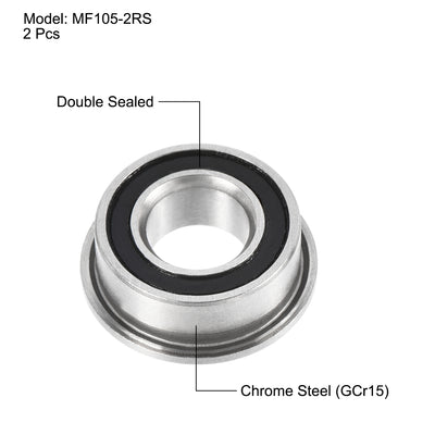 Harfington Uxcell MF105-2RS Flange Ball Bearing 5x10x4mm Double Sealed Chrome Steel Bearing 2pcs