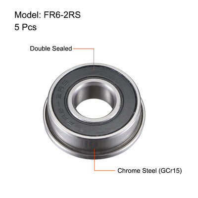 Harfington Uxcell FR6-2RS Flange Ball Bearing 3/8"x 7/8"x 9/32" Sealed Chrome Steel Miniature Ball Bearings 5pcs