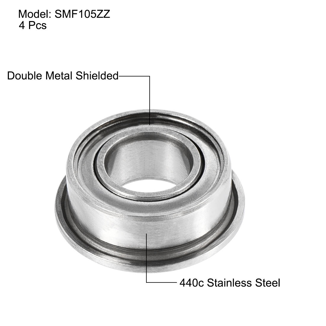 uxcell Uxcell SMF105ZZ Flange Ball Bearing 5x10x4mm Double Shielded 440c Stainless Steel Bearings 4pcs