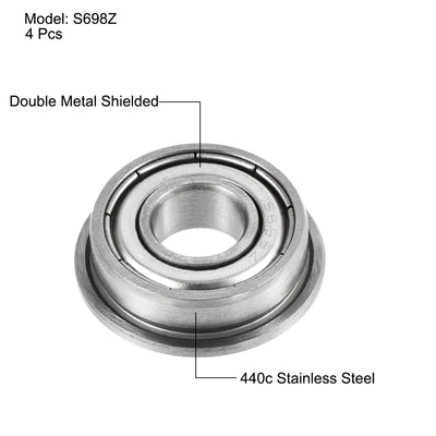 Harfington Uxcell S698Z Flange Ball Bearing 8x19x6mm Double Shielded 440c Stainless Steel Bearings 4pcs