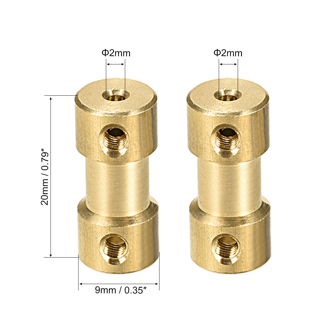 uxcell Uxcell 2mm to 2mm Bore Rigid Coupling, 20mm Length 9mm Diameter, Copper Shaft Coupler Connector, Brass Tone 2Pcs