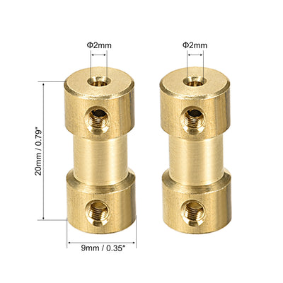 Harfington Uxcell 2mm to 2mm Bore Rigid Coupling, 20mm Length 9mm Diameter, Copper Shaft Coupler Connector, Brass Tone 2Pcs