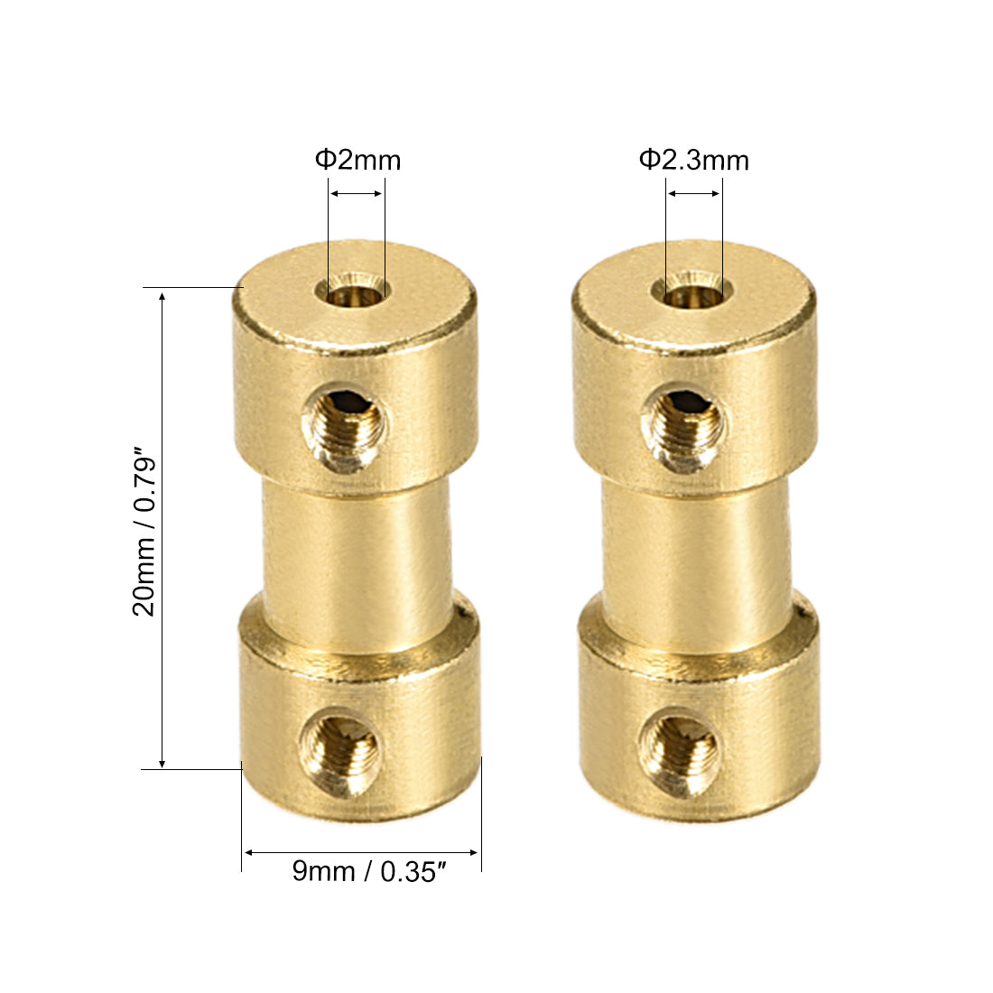 uxcell Uxcell 2mm to 2.3mm Bore Rigid Coupling, 20mm Length 9mm Diameter, Copper Shaft Coupler Connector, Brass Tone 2Pcs