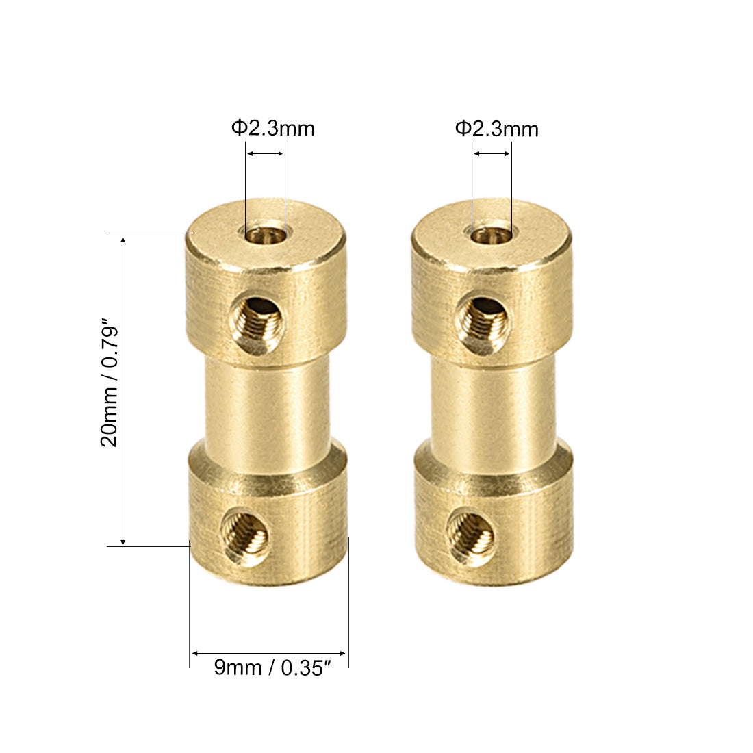 uxcell Uxcell 2.3mm to 2.3mm Bore Rigid Coupling, 20mm Length 9mm Diameter, Copper Shaft Coupler Connector, Brass Tone 2Pcs