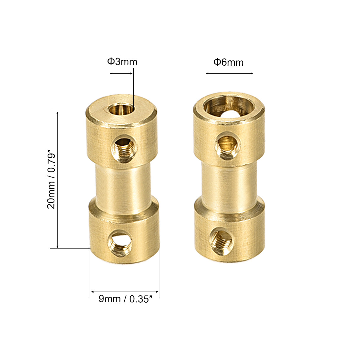 uxcell Uxcell 3mm to 6mm Bore Rigid Coupling, 20mm Length 9mm Diameter, Copper Shaft Coupler Connector, Brass Tone 2Pcs