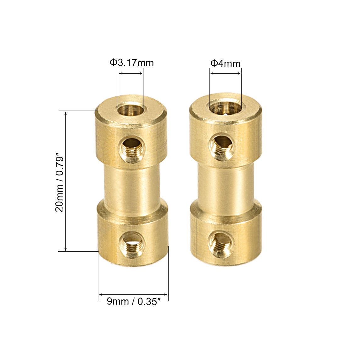 uxcell Uxcell 3.17mm to 4mm Bore Rigid Coupling, 20mm Length 9mm Diameter, Copper Shaft Coupler Connector, Brass Tone 2Pcs