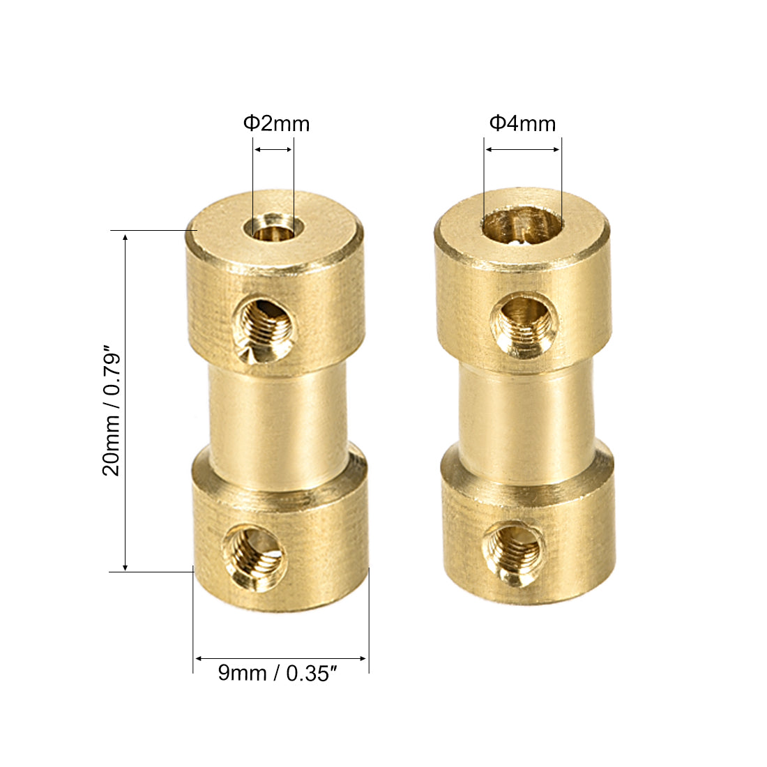 uxcell Uxcell 2mm to 4mm Bore Rigid Coupling, 20mm Length 9mm Diameter, Copper Shaft Coupler Connector, Brass Tone 4Pcs