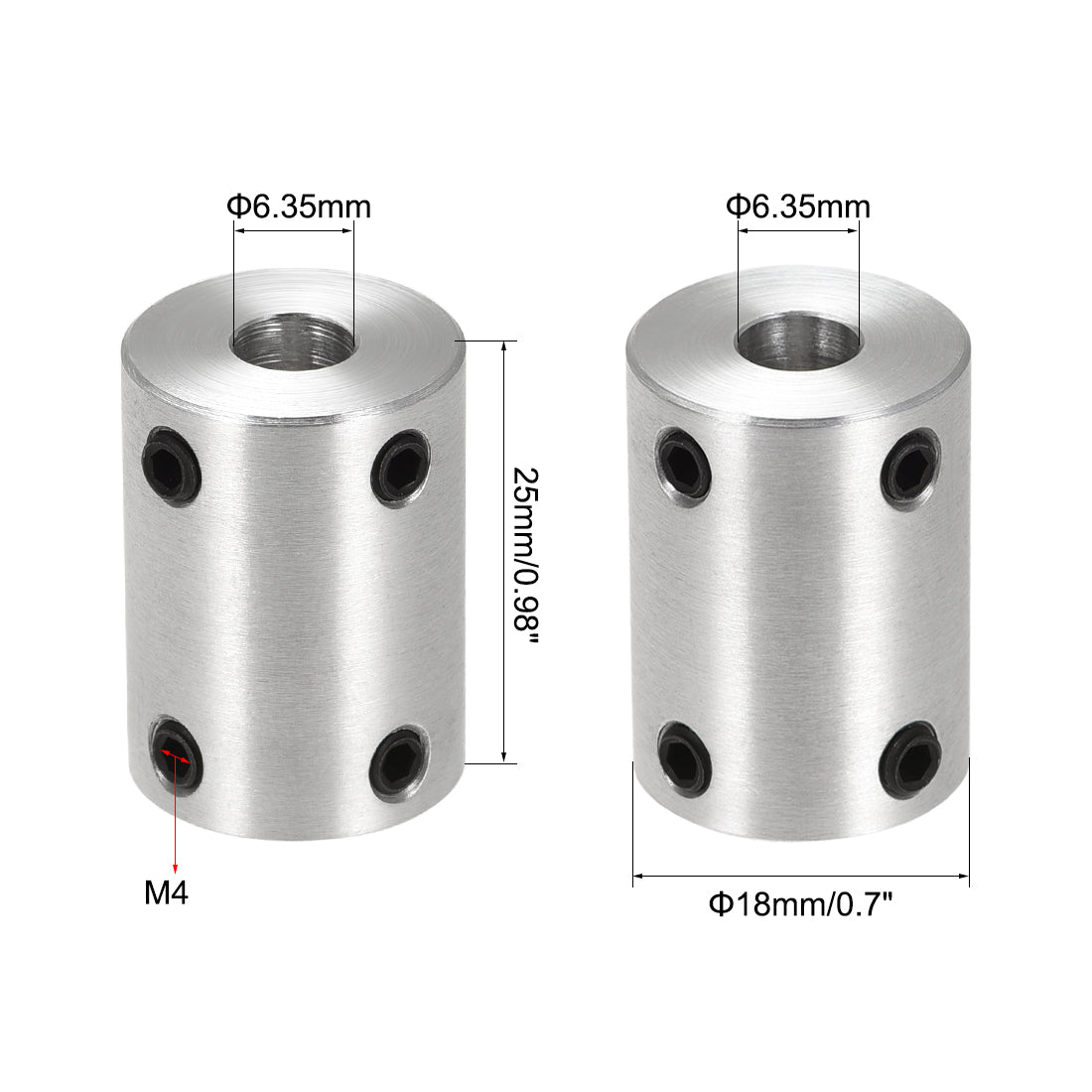 uxcell Uxcell 6.35mm to 6.35mm Bore Rigid Coupling 25mm Length 18mm Diameter Aluminum Alloy Shaft Coupler Connector Silver 4pcs