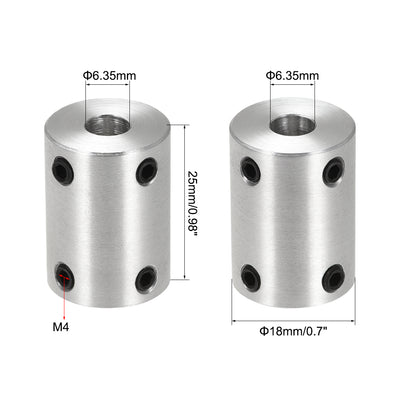 Harfington Uxcell 6.35mm to 6.35mm Bore Rigid Coupling 25mm Length 18mm Diameter Aluminum Alloy Shaft Coupler Connector Silver 4pcs