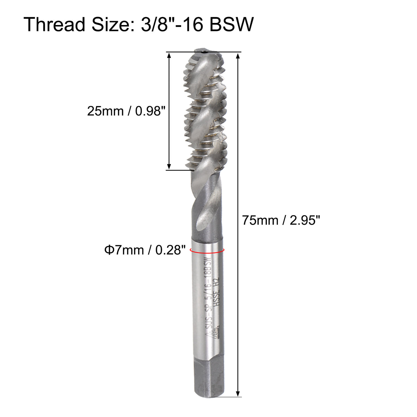 uxcell Uxcell 3/8"-16 BSW Spiral Flute Tap Machine Thread Tap HSS-Cobalt Uncoated