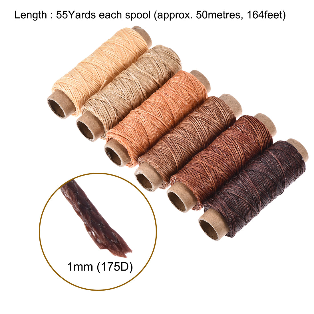 uxcell Uxcell 6Stk. Ledernähgarn Set 55 Yards 175D/1mm Polyester flach Kordel Holzfarbe