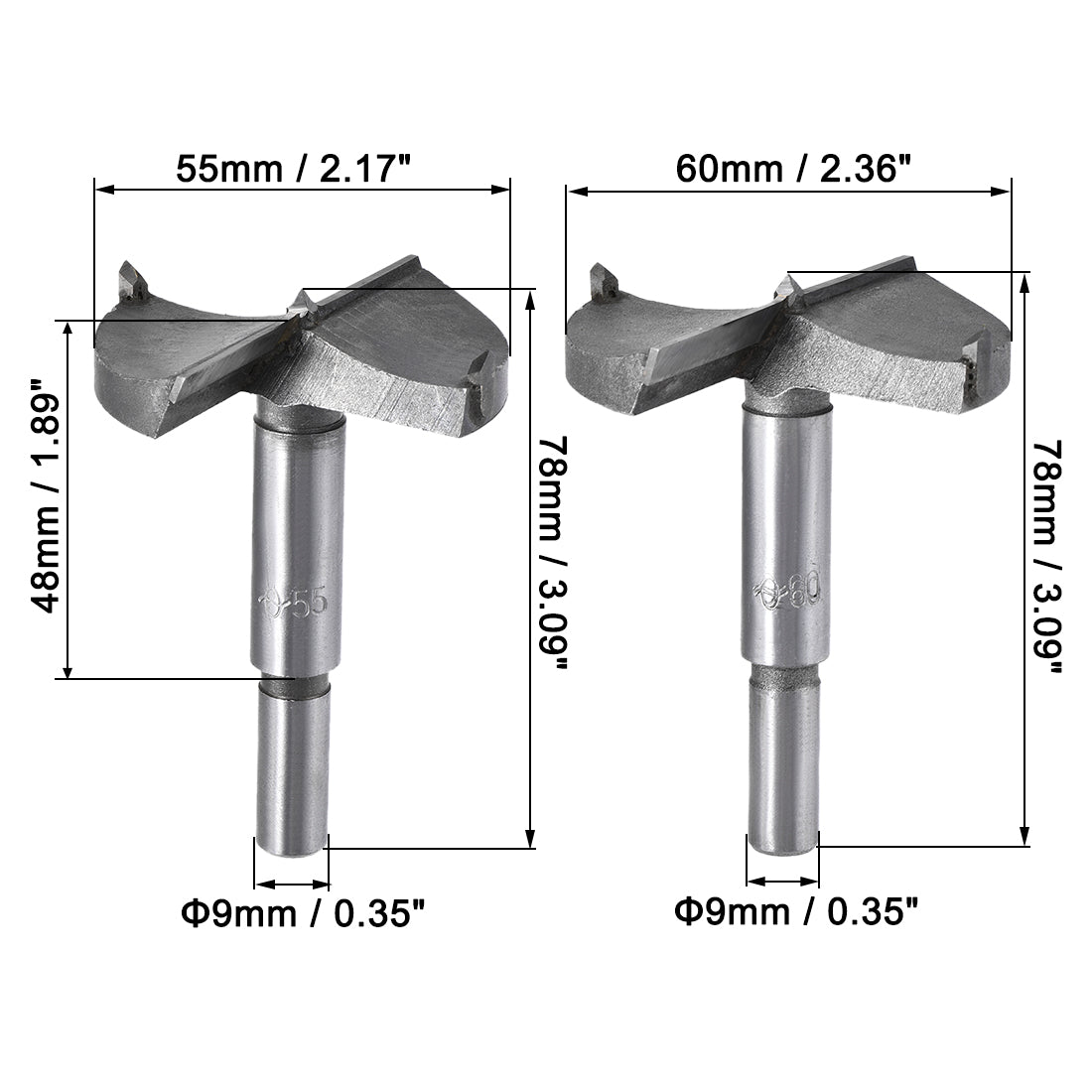 uxcell Uxcell Forstner Wood Boring Drill Bits 55mm 60mm Dia. Hole Saw Carbide Alloy Steel Tip Round Shank Cutting for Hinge Plywood Wood Tool 2in1 Set