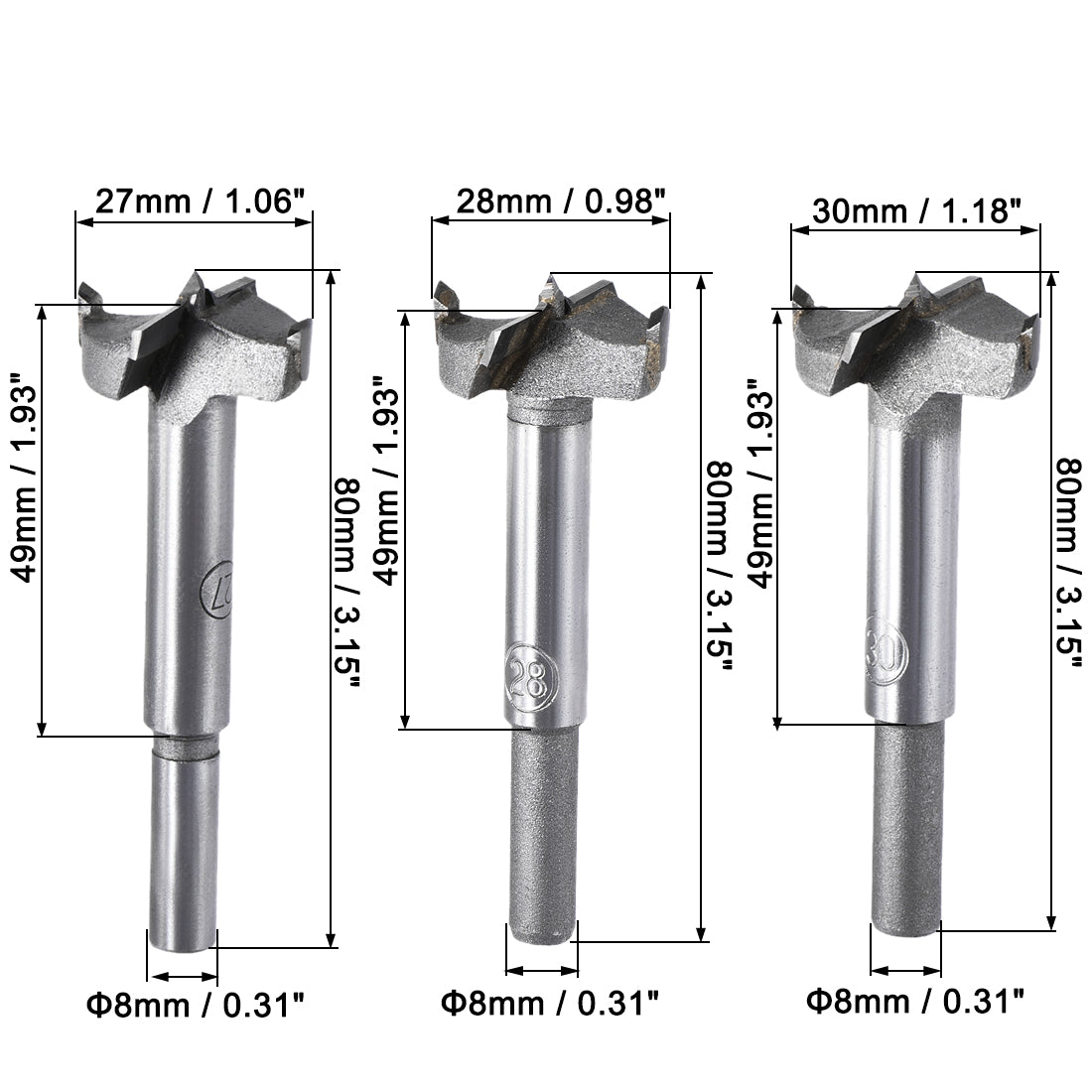 uxcell Uxcell Forstner Wood Boring Drill Bits 27mm 28mm 30mm Dia. Hole Saw Carbide AlloySteel Tip Round Shank Cutting for Hinge Plywood Wood Tool 3in1 Set