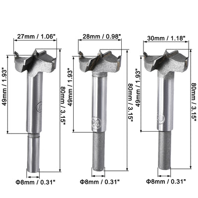 Harfington Uxcell Forstner Wood Boring Drill Bits 27mm 28mm 30mm Dia. Hole Saw Carbide AlloySteel Tip Round Shank Cutting for Hinge Plywood Wood Tool 3in1 Set