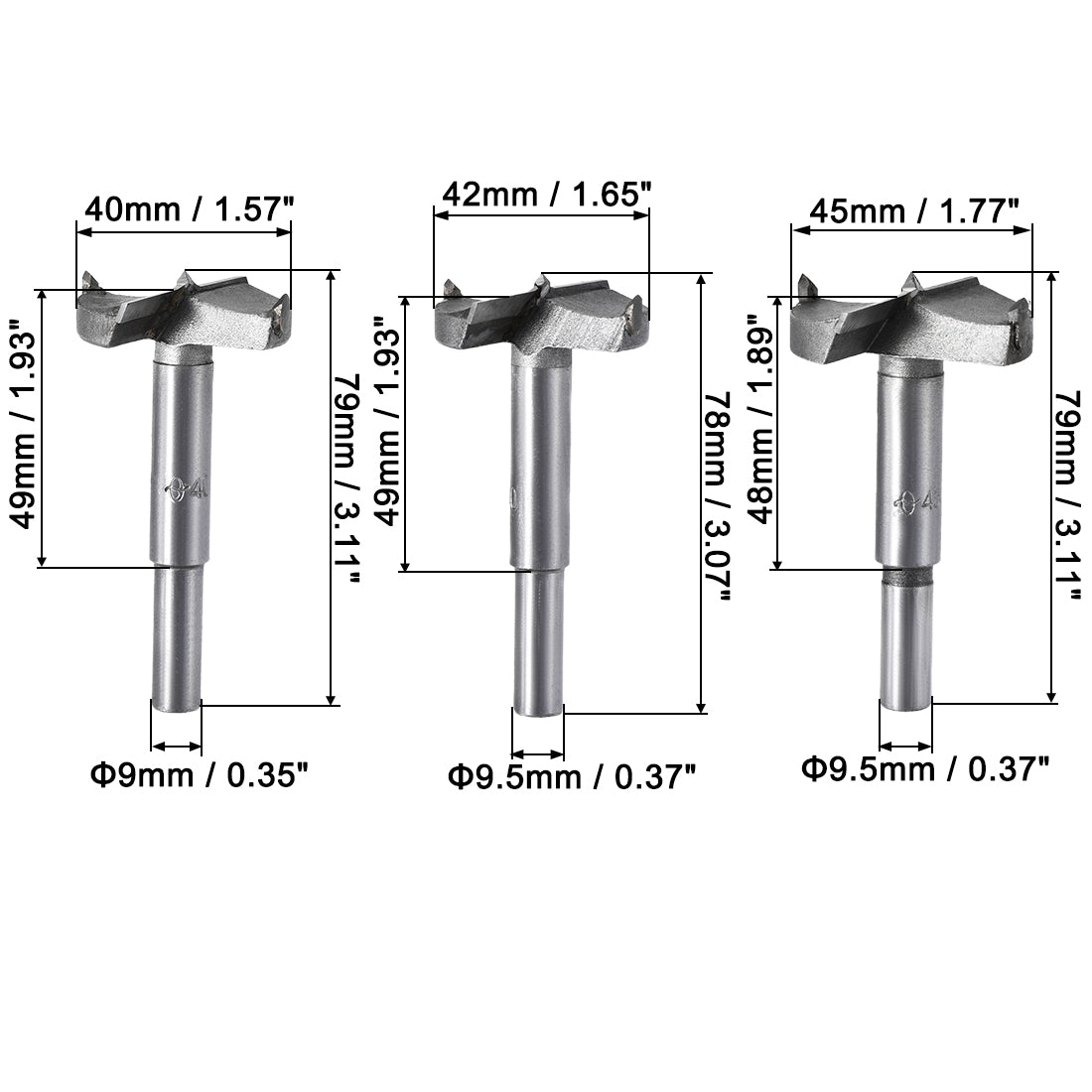 uxcell Uxcell Forstner Wood Boring Drill Bits 40mm 42mm 45mm Dia. Hole Saw Carbide Alloy Steel Tip Round Shank Cutting for Hinge Plywood Wood Tool 3in1 Set