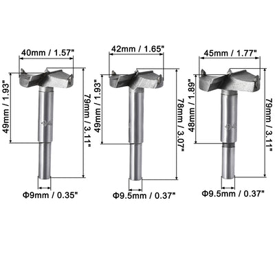 Harfington Uxcell Forstner Wood Boring Drill Bits 40mm 42mm 45mm Dia. Hole Saw Carbide Alloy Steel Tip Round Shank Cutting for Hinge Plywood Wood Tool 3in1 Set