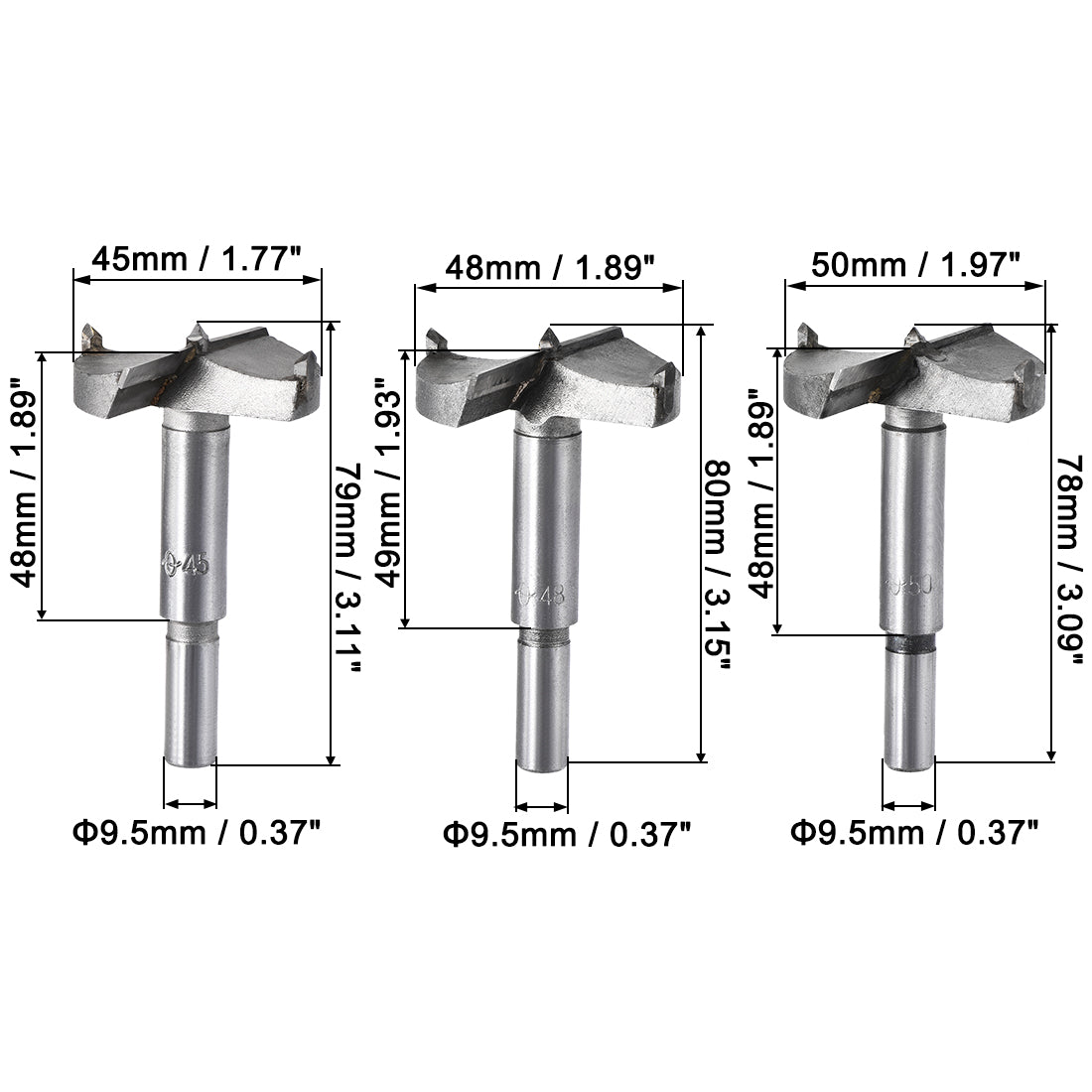 uxcell Uxcell Forstner Wood Boring Drill Bits 45mm 48mm 50mm Dia. Hole Saw Carbide Alloy Steel Tip Round Shank Cutting for Hinge Plywood Wood Tool 3in1 Set