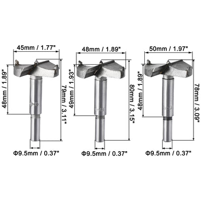 Harfington Uxcell Forstner Wood Boring Drill Bits 45mm 48mm 50mm Dia. Hole Saw Carbide Alloy Steel Tip Round Shank Cutting for Hinge Plywood Wood Tool 3in1 Set