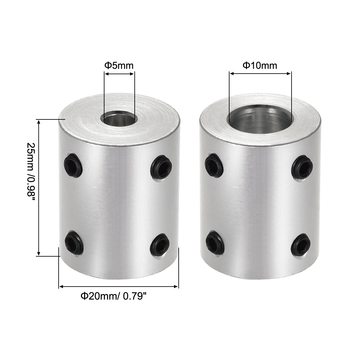 uxcell Uxcell 5mm to 10mm Bore Rigid Coupling 25mm Length 20mm Diameter Aluminum Alloy Shaft Coupler Connector Silver 2pcs