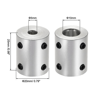 Harfington Uxcell 5mm to 10mm Bore Rigid Coupling 25mm Length 20mm Diameter Aluminum Alloy Shaft Coupler Connector Silver 2pcs