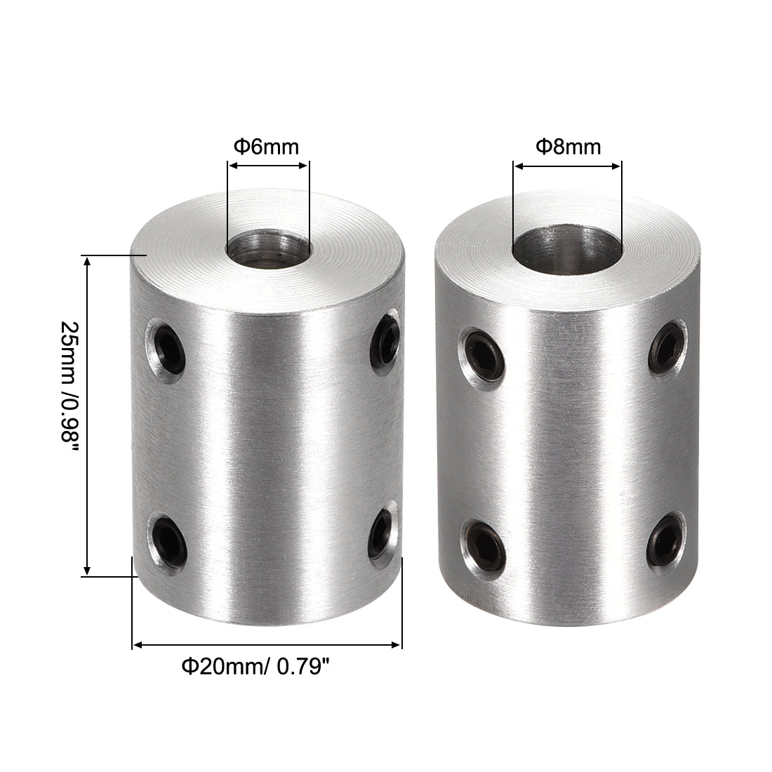 uxcell Uxcell 6mm to 8mm Bore Rigid Coupling 25mm Length 20mm Diameter Aluminum Alloy Shaft Coupler Connector Silver 2pcs