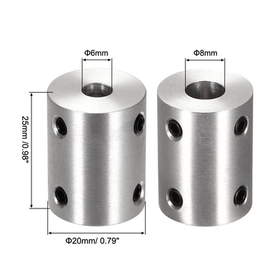 Harfington Uxcell 6mm to 8mm Bore Rigid Coupling 25mm Length 20mm Diameter Aluminum Alloy Shaft Coupler Connector Silver 2pcs