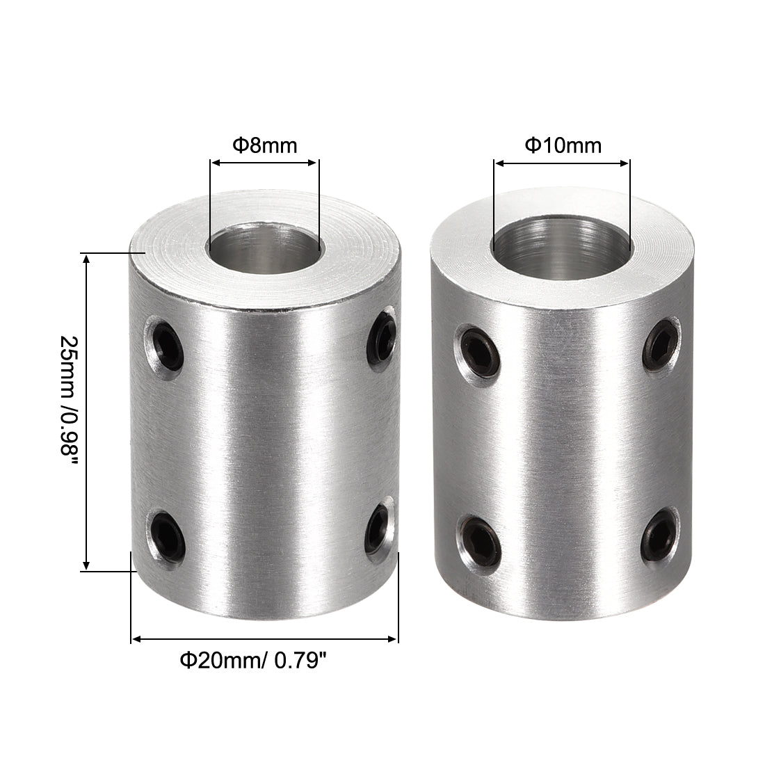 uxcell Uxcell 8mm to 10mm Bore Rigid Coupling 25mm Length 20mm Diameter Aluminum Alloy Shaft Coupler Connector Silver 2pcs