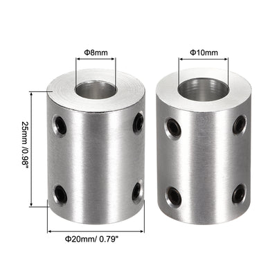 Harfington Uxcell 8mm to 10mm Bore Rigid Coupling 25mm Length 20mm Diameter Aluminum Alloy Shaft Coupler Connector Silver 2pcs